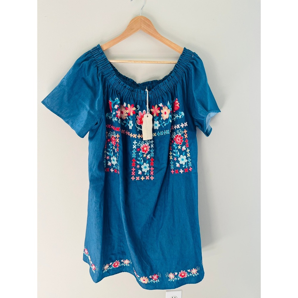 Savanna Jane Embroidered Off Shoulder Top Blue Chambray Floral Western 3X P93848